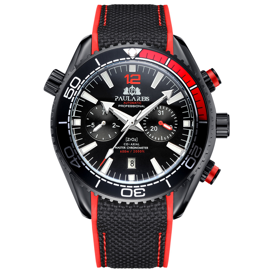 PAULAREIS P, reloj mecánico automático de lujo para hombre, correa de goma, resistente al agua, fecha luminosa, relojes de para hombre: Azul