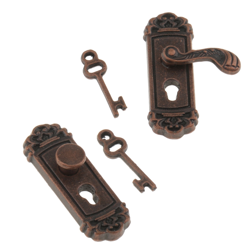 2 Set 1/12 Dollhouse Miniature Vintage Door Handle with Lock Key Room Accessories