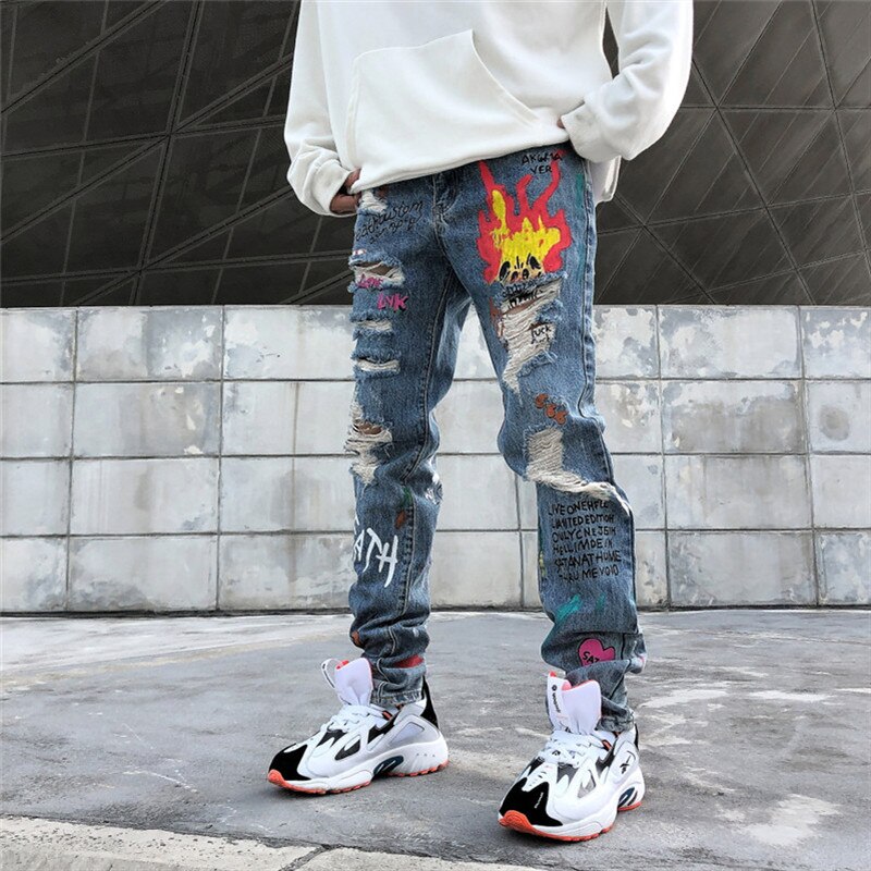 Mænd streetwear graffiti trykt rippet tigger skinny jeans hipster hip hop nødlidende knæhuller joggers jeans denim bukser