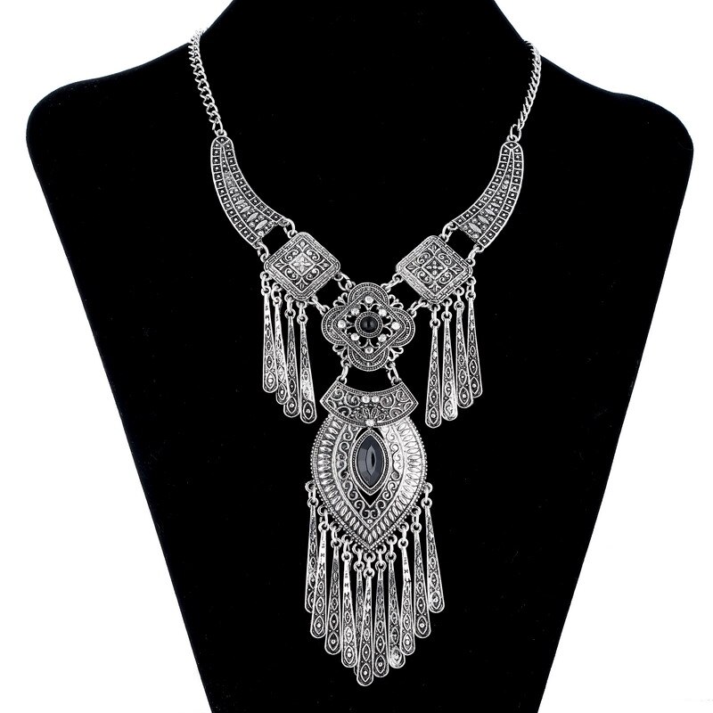 LOVBEAFAS Bohemian Choker Kraag Ketting Vintage Kwastje Verklaring Maxi Lange Ketting Vrouwen Collier Femme Sieraden: Antique Silver Black