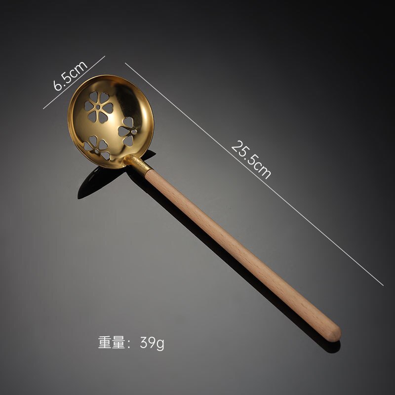 Japanese Wooden Handle Anti Soup Stainless Steel Soup Leakage Ramen Spoon Home Kitchen Gadget: Gold Colander