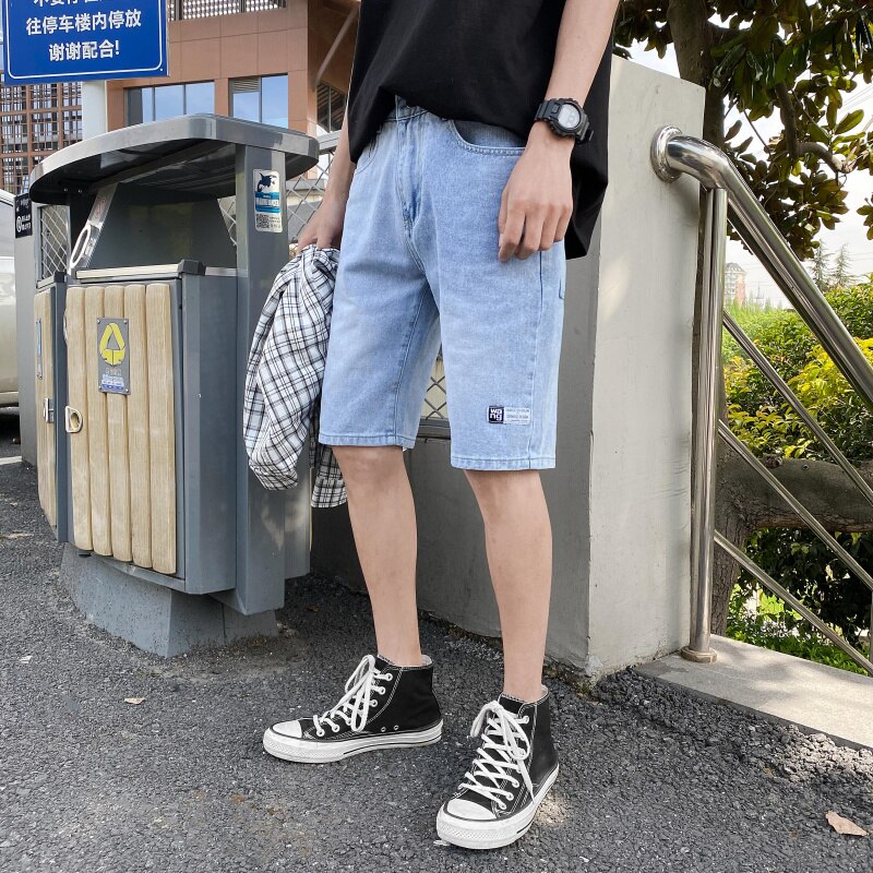 Pantalones cortos de mezclilla regulares, pantalones cortos de verano informales con cremallera a media cintura para hombres, pantalones cortos de mezclilla sólidos, ropa masculina