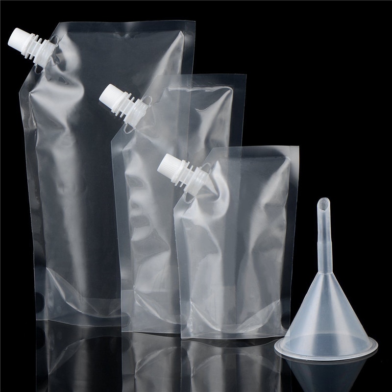 1pcs Plastic Spout Pouch Juice Stand-up Wine Milk Coffee Liquid Beverage Flask BPA Free Food Materials Storage Bags With Funnel