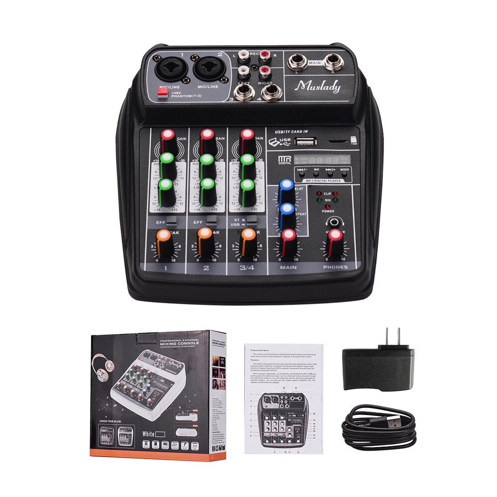 Mixing Console Digital Audio Mixer 4-Channel BT MP3 USB Input 48V Phantom Power for Recording DJ Network Live Broadcast Karaoke: Black US PLUG