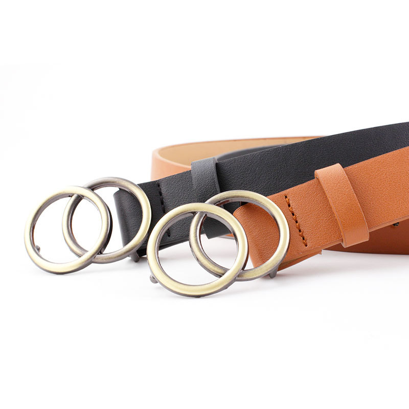 Big Double Ring Circle Metal Buckle Belt Women Wild Waistband Ladies Wide Leather Straps Belts for Leisure Dress Jeans