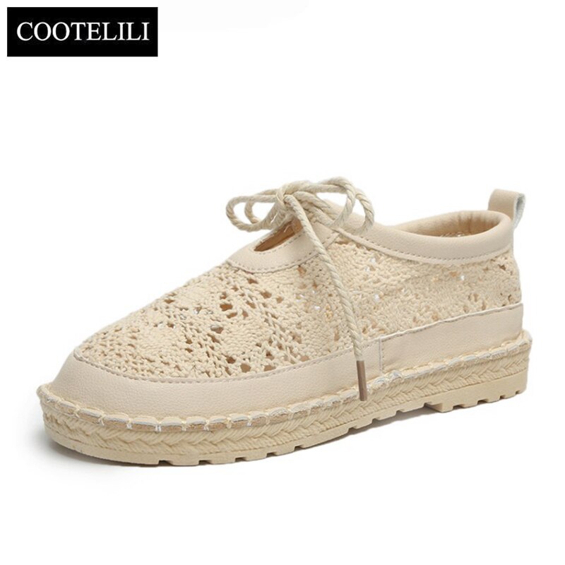 COOTELILI – chaussures plates respirantes à lacets pour femmes, Oxfords ajouré, bout rond, blanc, Beige
