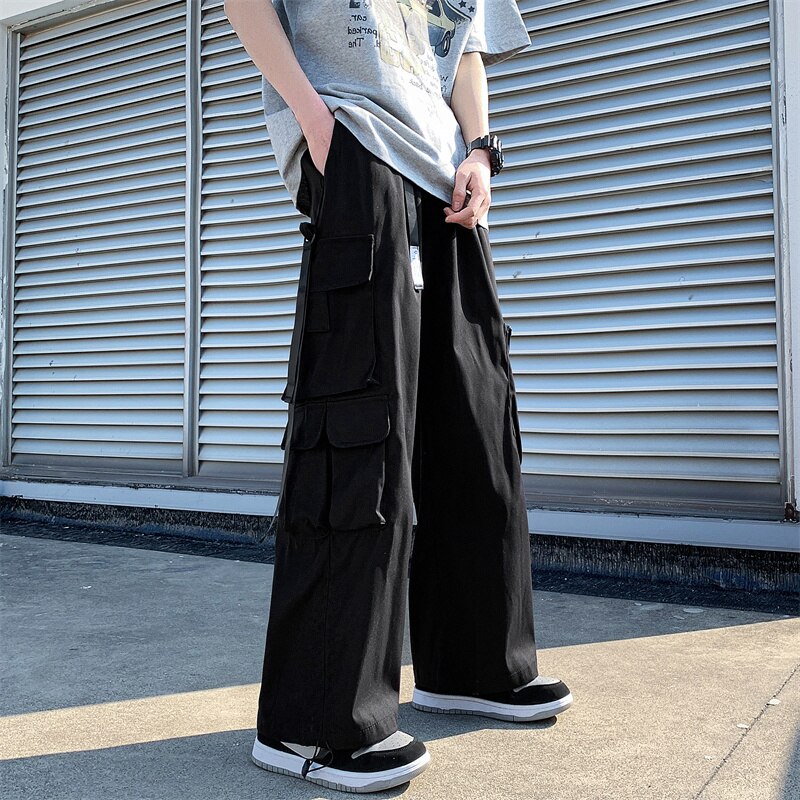 Frühling Grün Schwarz Breite Bein Hosen Männer Tasche Ladung Hosen Männer Streetwear Koreanische verlieren Gerade Hosen Herren Hosen S-2XL: XXL / Schwarz