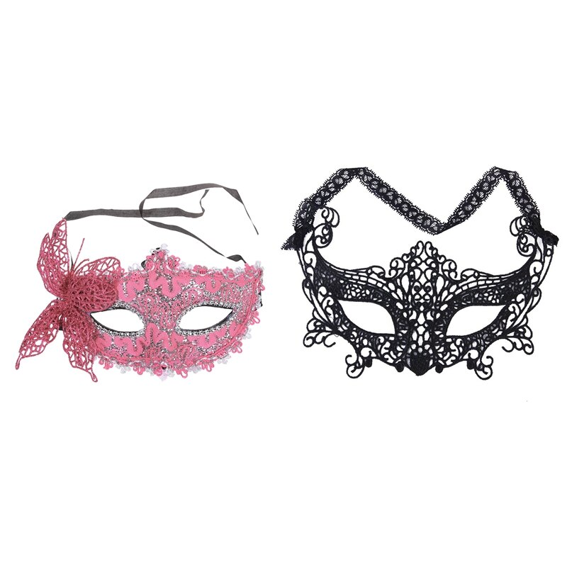 2x Sexy Vrouwen Kant Masker Venetiaanse Maskerade Bal Party Carnaval Gezicht, Oog (Roze & Zwart): Default Title