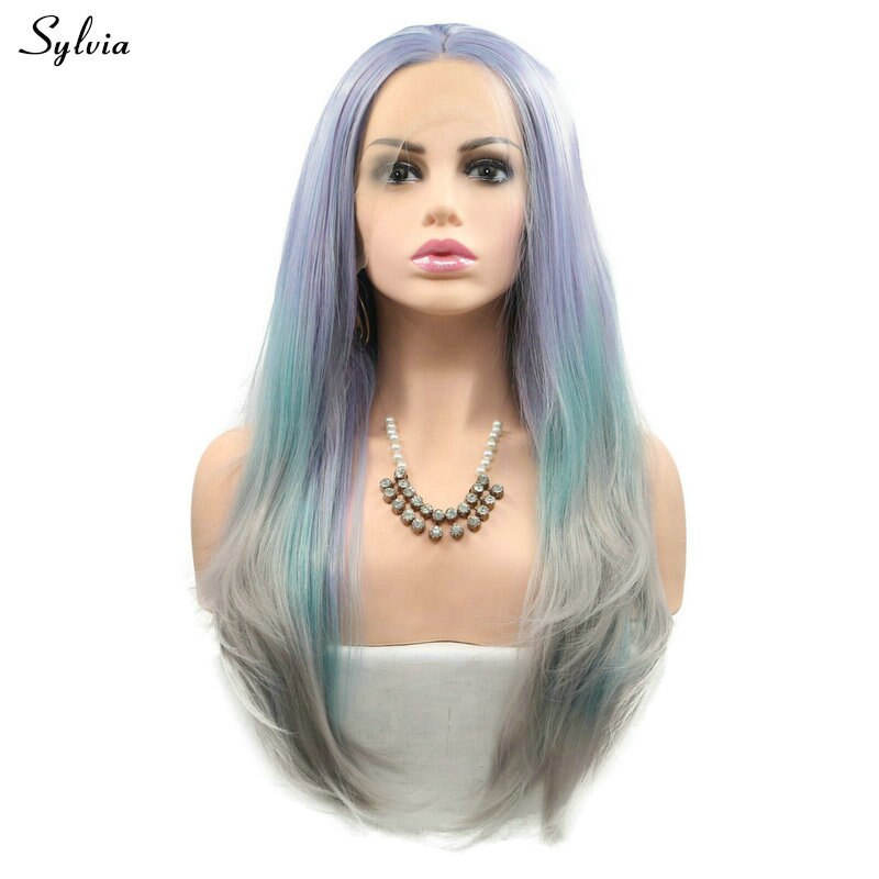 Sylvia Mermaid Kleur Pruik Lange Pastel Paars/Blauw/Grijs Ombre Synthetische Lace Front Pruik voor Vrouwen Lange Warmte vriendelijke Drag Queen Pruik: Blauw / 24 inches