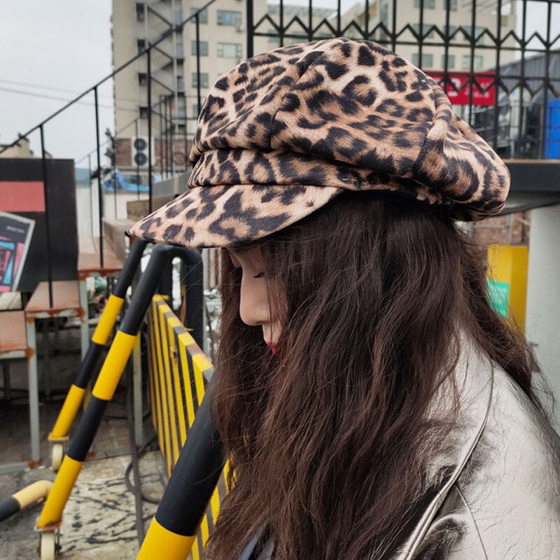 Foux casquette gavroche femme automne hiver chapeau léopard rétro multifonction béret boulanger peintre casquette octogonale étanchéité