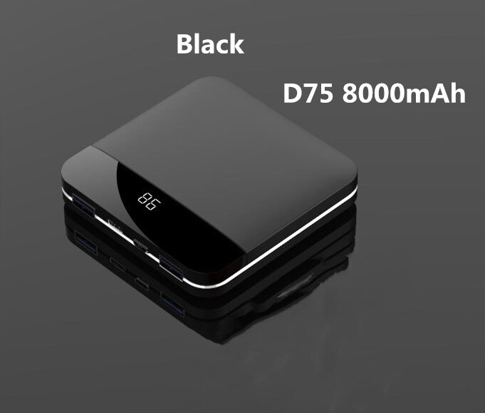 8000mAh Mini Power Bank 2.0A Quick Charge Power bank Dual-USB Portable Mirror Aluminium Fast Charging Mini External Battery: Black D75