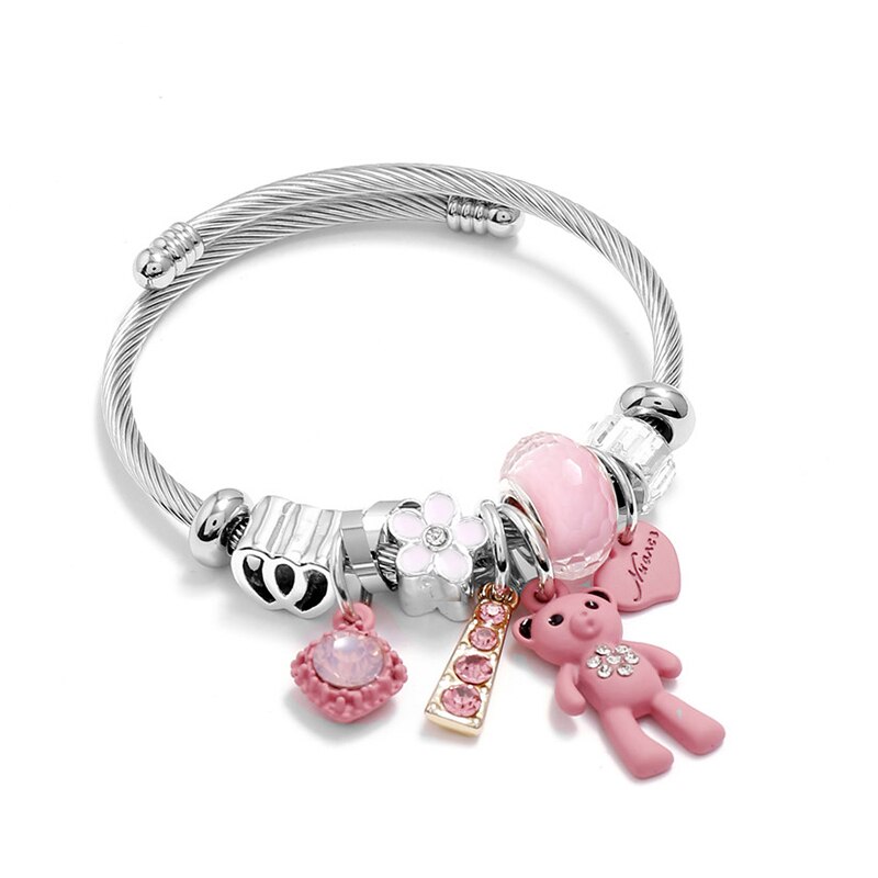 Bracelets &amp; Bangles Stainless Steel DIY Jewelry Big Pink Bear Pendant Hearts Love Women&#39;s Bracelet Cuff Charms Pulseras