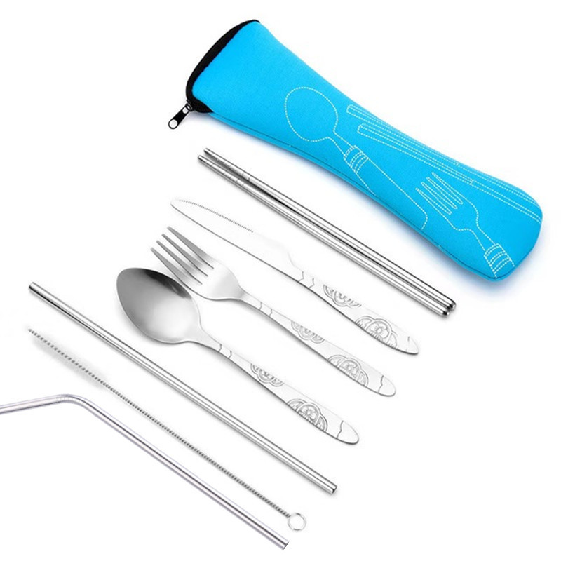 7pcs/ Set Stainless Steel Tableware Set Outdoor Portable Cloth Bag Knife Fork Spoon Chopsticks Straw Rich Flowers Seven Sets: Blue