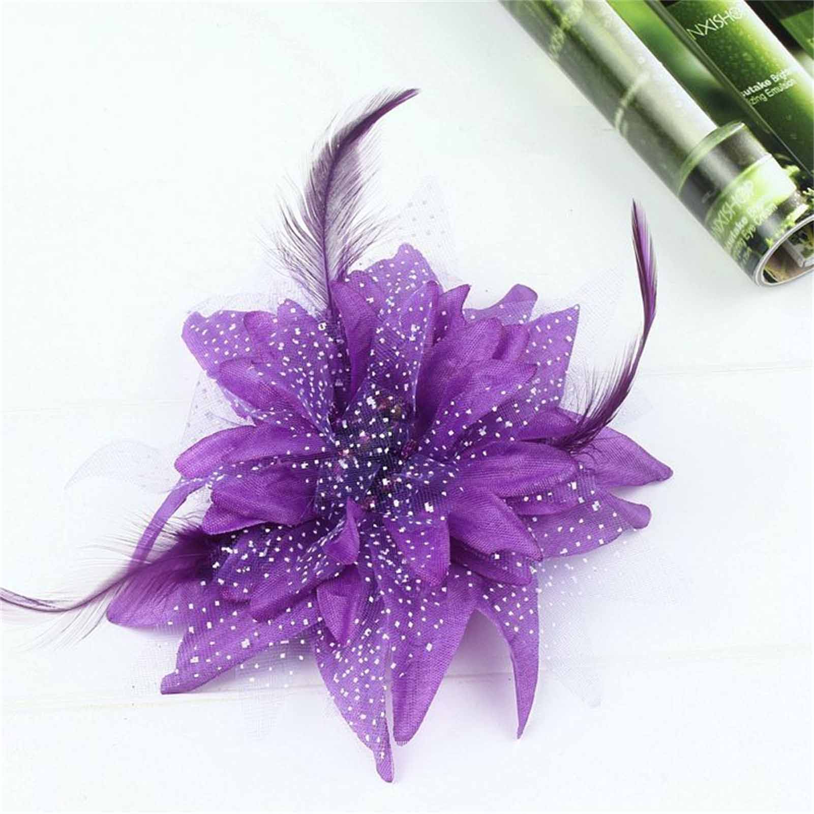 Bridal Feather Hair Clip Flower Ribbon Bead Corsage Hairpin For Women Wedding Hair Accessories Marrige Tiaras Dress Head Jewelry: plum
