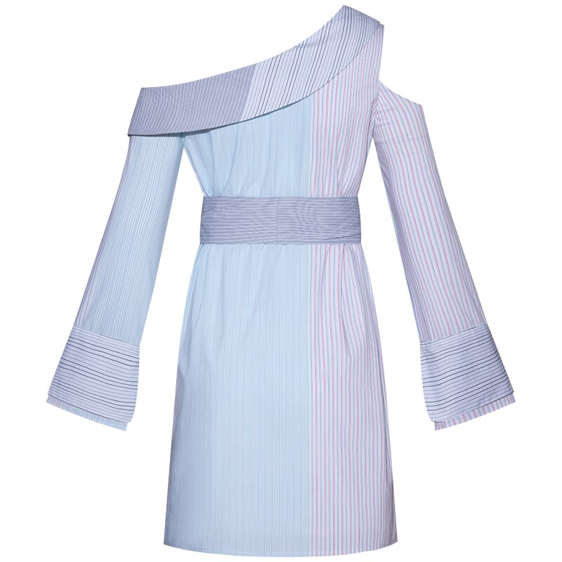 Yigelila Herfst Mode Blauwe Toevallige Enkele Breasted Flare Mouwen Gestreepte Jurk Turn-Down Kraag Met Riem Jurk 65442