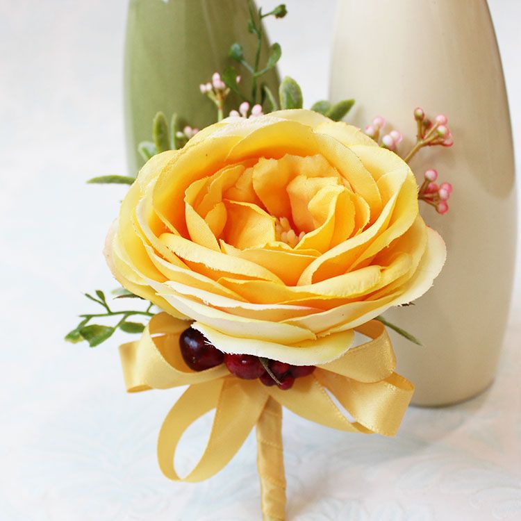 Bright Yellow Wedding Flowers Forset Fairy Bridesmaid Wrist Corsage Outstanding Groomman Boutonniere ZHF06: Style A Boutonniere