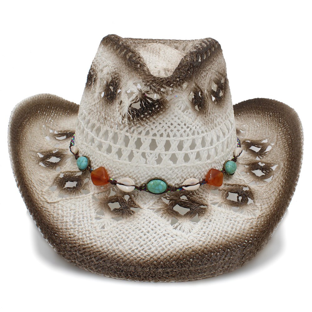 Sombrero de Cowboy del oeste para mujer, , con banda de concha Bohemia, tejido hecho a mano, Sombrero de Sol para playa, Sombrero de vaquera, talla 58CM