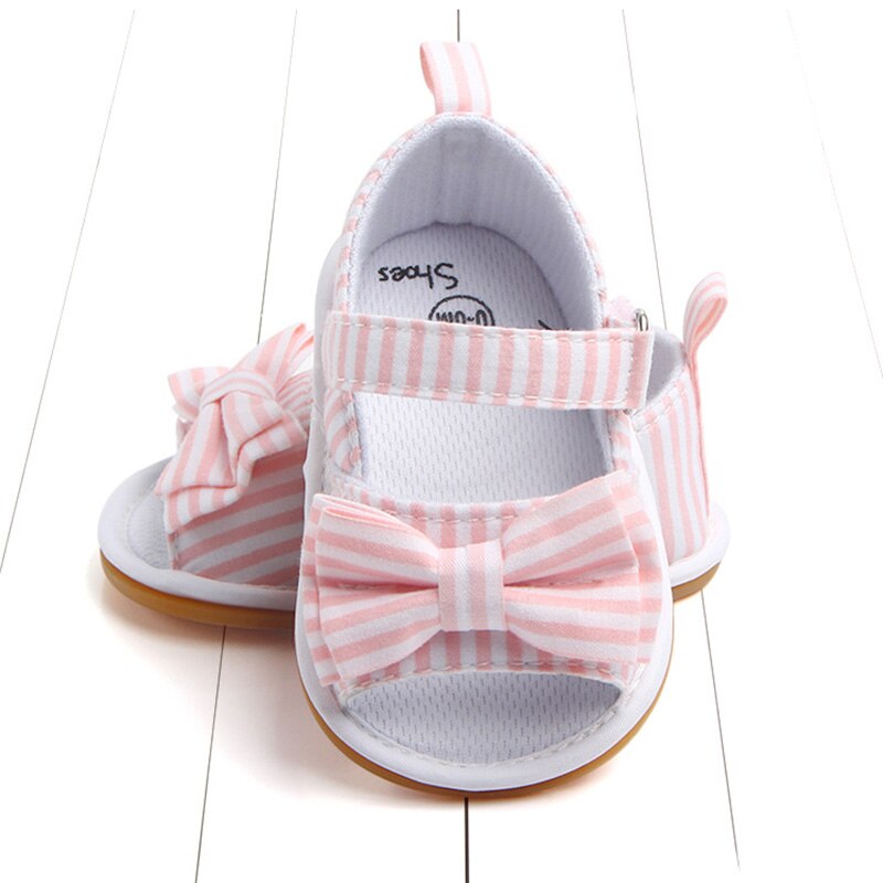 Søde bowknot baby sandaler lyserød blå stribe nyfødte baby pige sko blød gummisål skridsikre spædbarn toddler sko: Lyserød / 13