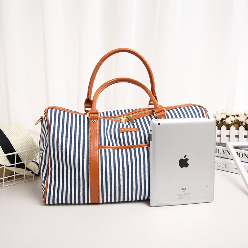 Canvas+PU Leather Women Travel Bag Striped Duffel Tote Large Weekend Bag Female Packing Cubes Suitcase Shoulder Bags