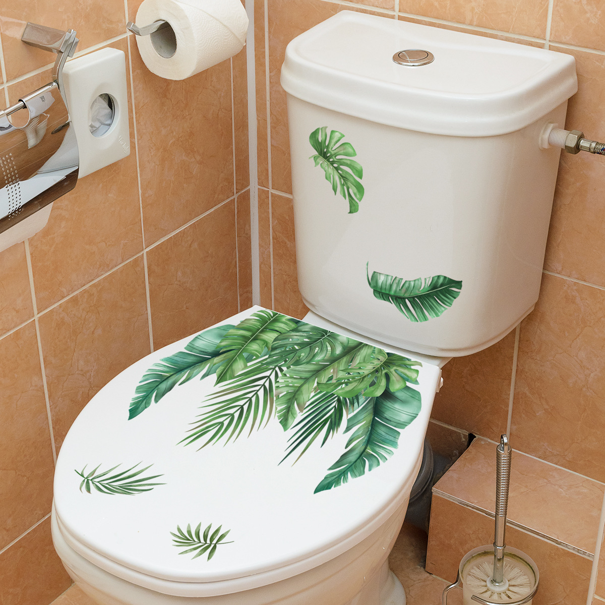 Pegatinas de pared de hojas de plantas verdes, decoración del hogar, calcomanías de flores para baño, WC, pegatina autoadhesiva para Mural extraíble