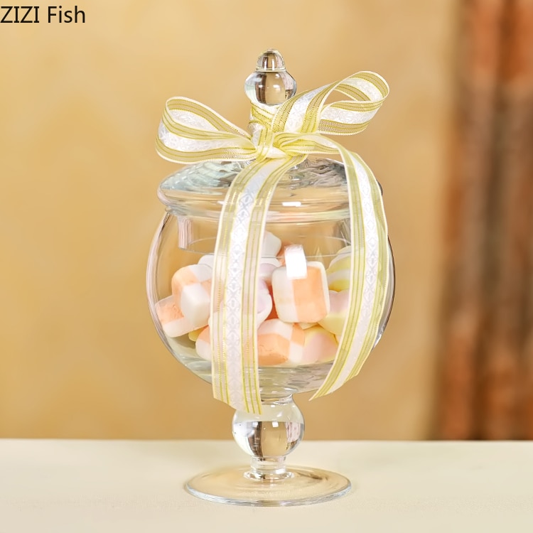 Europæisk stil gennemsigtig glas slikkrukke med glasovertræk bryllup dessert display stativ slik opbevaringstank