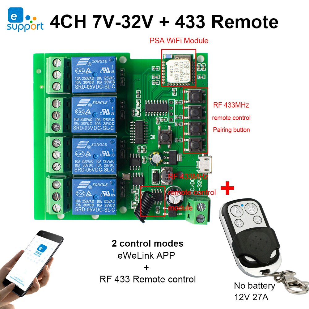 Ewelink Smart Afstandsbediening Wifi Draadloze Schakelaar Module 1CH/4CH DC5V 12V 32V 220V Tippen Zelf-Vergrendeling Rf Ontvangen 10A Relais: DC7-32V and Remote