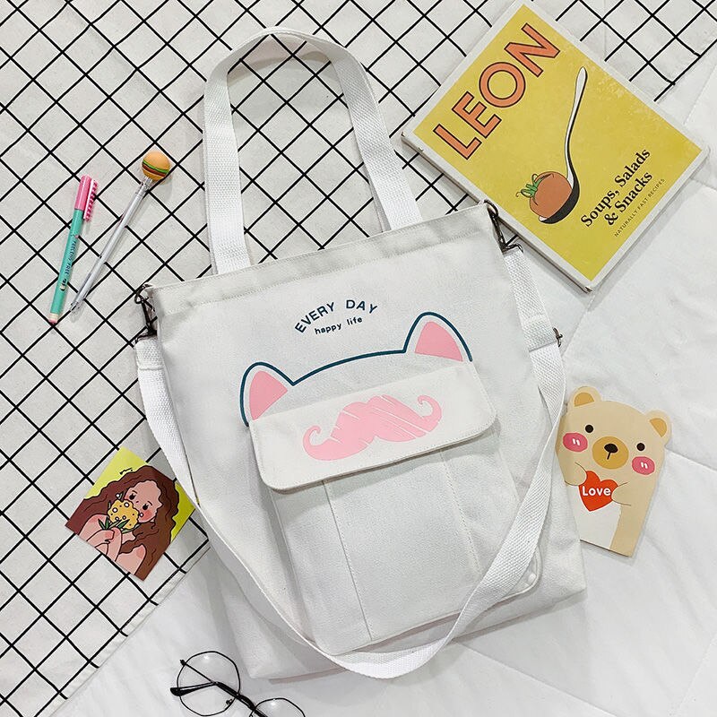 Grote Capaciteit Canvas Tas Schooltas Wilde Vrouwen Crossbody Tassen Cartoons Vrouwen Handtassen Schoudertassen Snor Tote Boodschappentas: White No Pendant