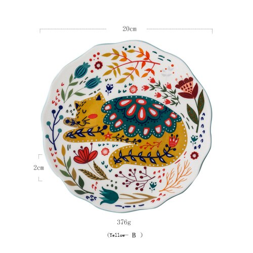 Plat de couleur en céramique dessin animé | Assiette ronde de couleur, style japonais peint à la main, chat chanceux, personnalité, vaisselle créative pour la maison, vaisselle nordique: Yllow-B