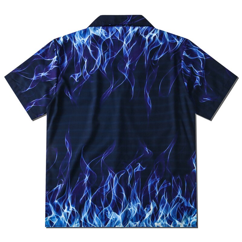 Blue Flame Print Shirts Men Streetwear Hip Hop Mens Hawaiian Shirt Harajuku Summer Beach Shirt Hawaii Tops Short Sleeve