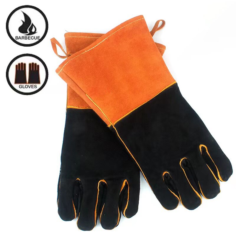 Guantes de soldadura de cuero, manoplas resistentes al calor, al fuego, para horno, chimenea, estufa, barbacoa, con manga larga: Default Title