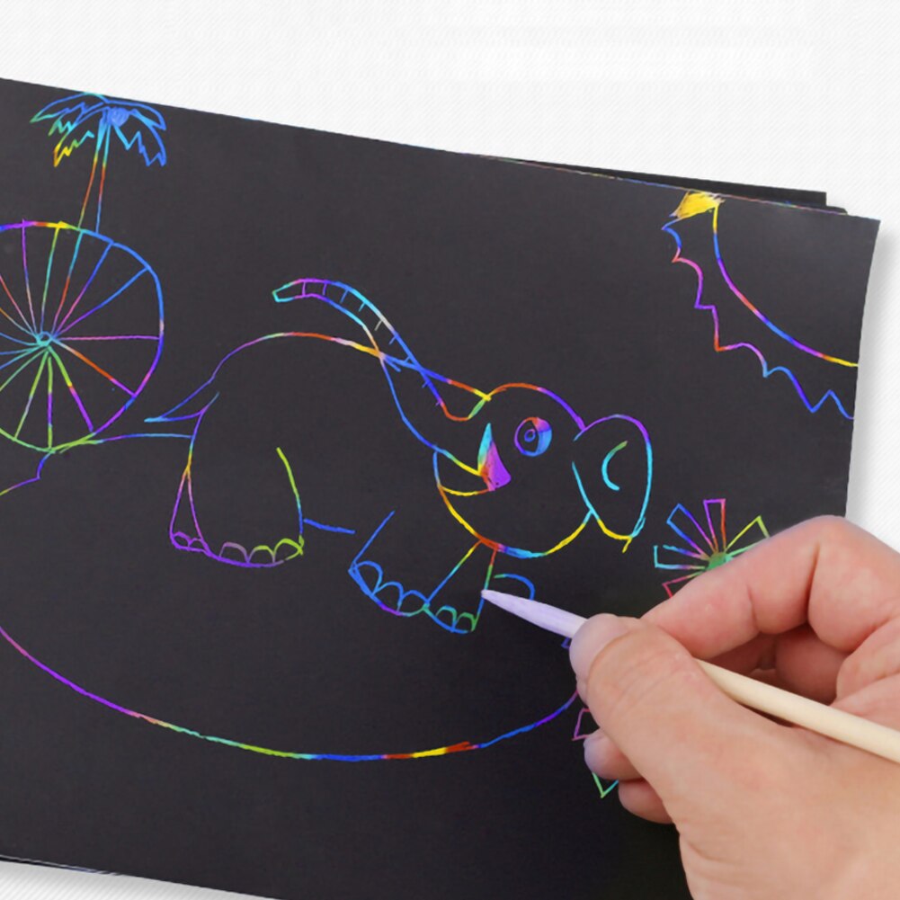 50 Sheets Scratch DIY Art Crafts for Kids Black Paper Magic Rainbow Painting Boards with Stylus Drawing for Children