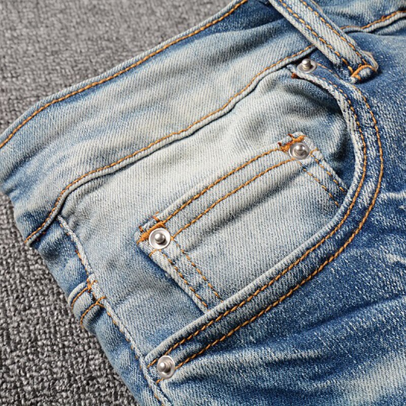 Jean en Denim imprimé Paisley Bandana pour homme, Streetwear, Patch flamme, Patchwork, pantalon extensible, déchiré, effilé