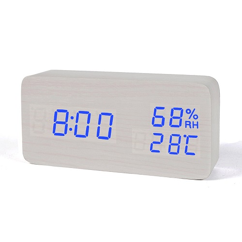 Suncree Wood Wooden LED Alarm Clock,Despertador Temperature Humidity Electronic Desktop Table Digital Clocks: white blue
