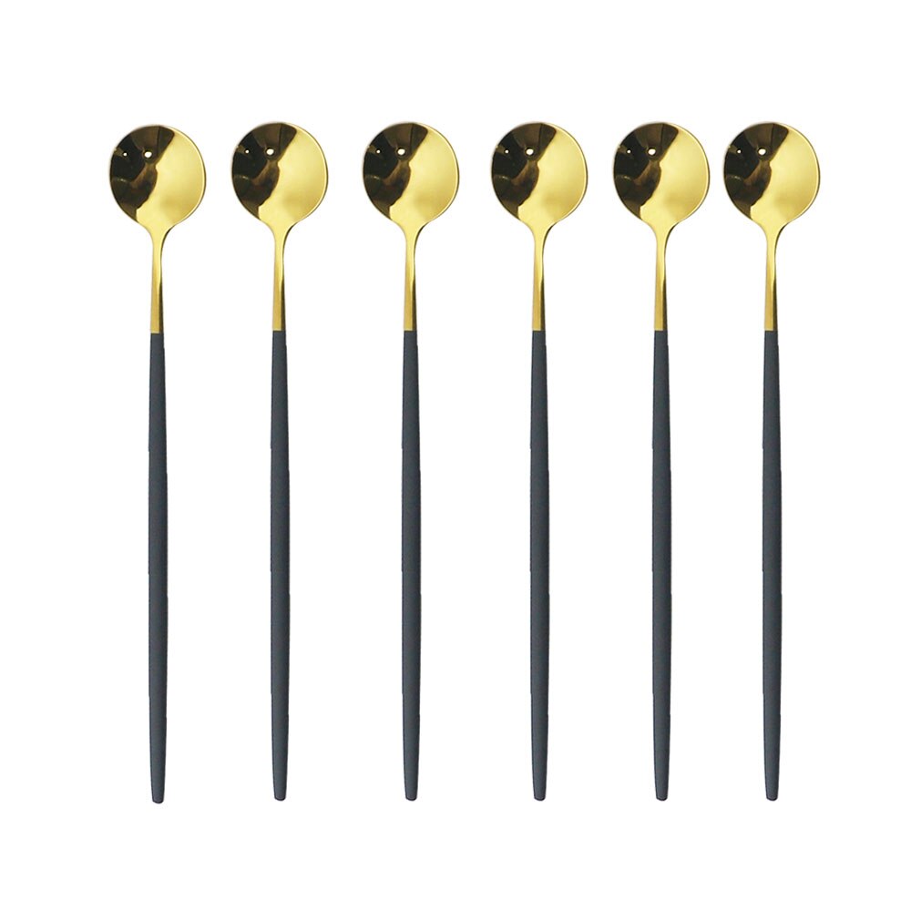 6Pcs Rainbow Long Hangdle Spoon For Polished Stirring Drink Dessert Ice Cream Spoon Cutlery Flatware Steainless Steel Tableware: Black Gold