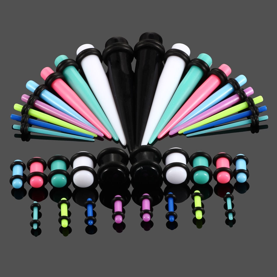 36 stuks/partij acryl oormeters in diverse kleuren, taps toelopend en plug-stretchsets, vleestunnel-uitbreidingssieraden voor het lichaam 14g-00g