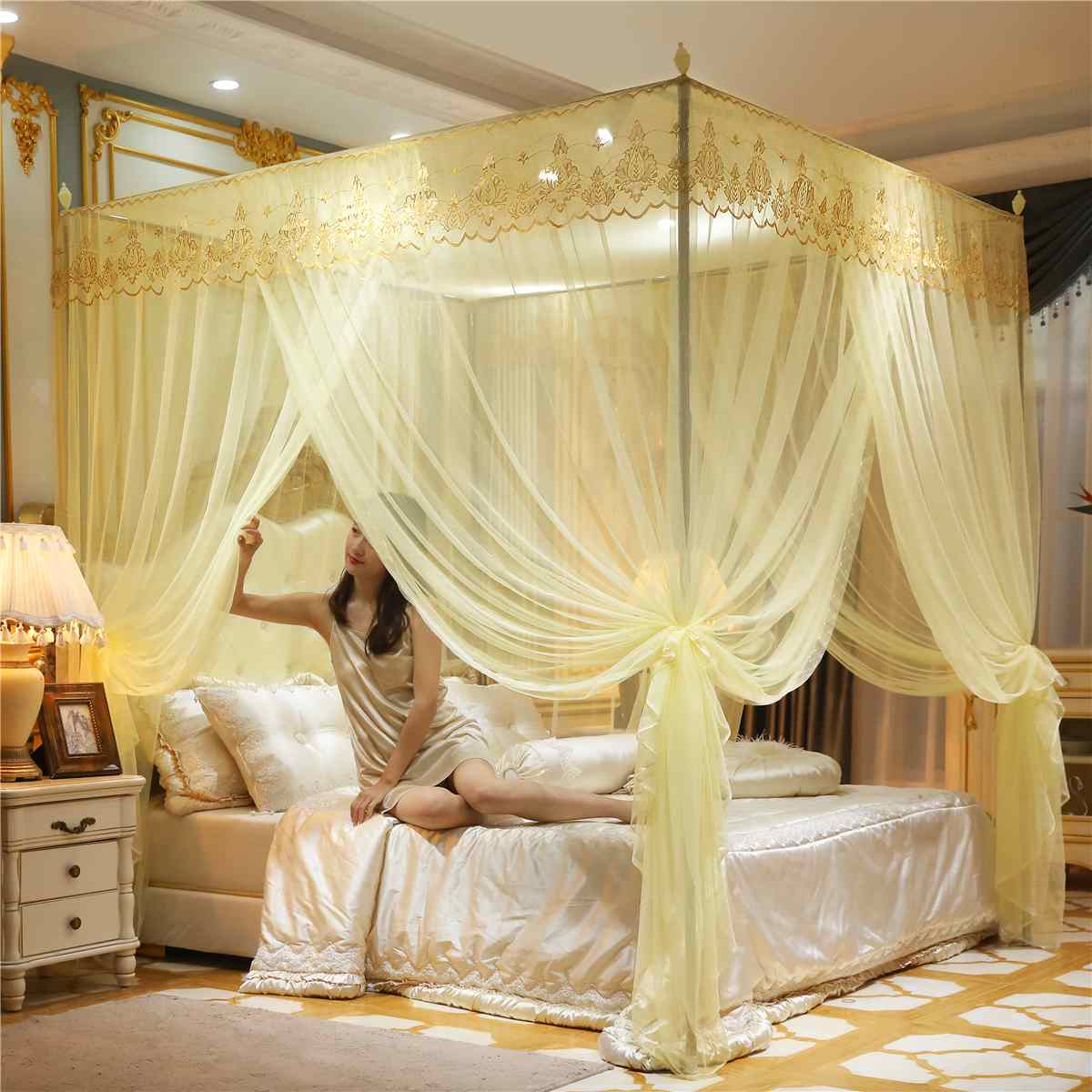 pink quadrate mosquito net palace net with iron tube frame floor-nets romantic lace bed netting blue three-door moustiquaire