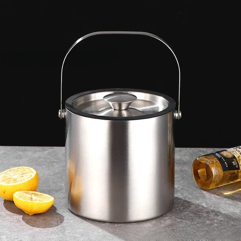 3/4L Stainless Steel Insulated Ice Bucket Double Walled Beverage Tub Comfortable Carry Handle Ice Container Bar Beer Cooler