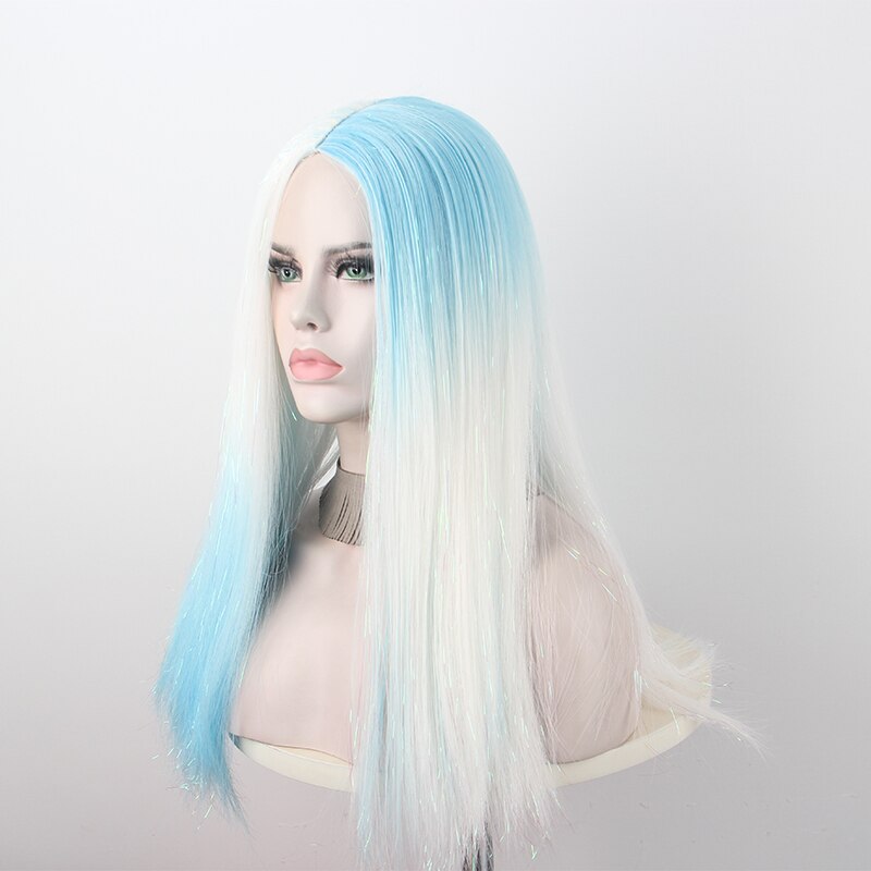 Anxin couleur bleu et blanc cheveux longs raides cheveux bouclés dégradé couleur fraîche perruque en fibres synthétiques haute température soie vie perruque: Straight hair