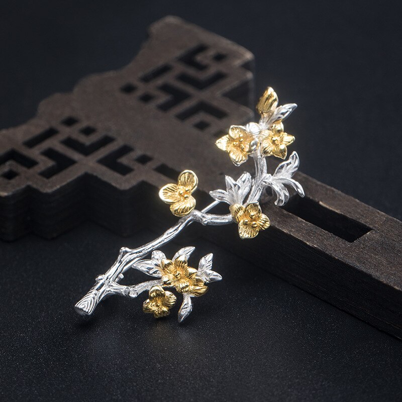 S925 sterling silver retro peach blossom brooch feminine temperament elegant ethnic style sweater dress pin