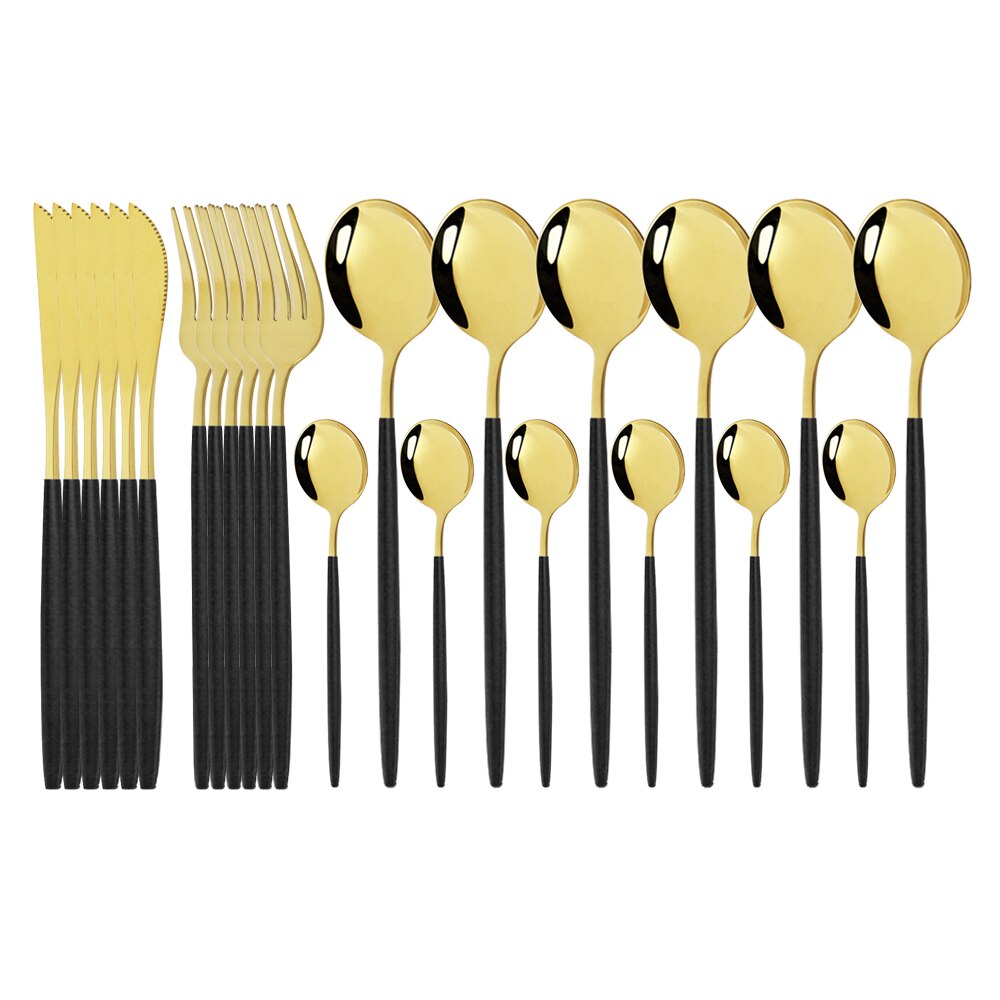 Pink Gold Cutlery Set Stainless Steel Dinnerware Set 24Pcs Knives Forks Coffee Spoons Flatware Set Kitchen Dinner Tableware Set: Black Gold