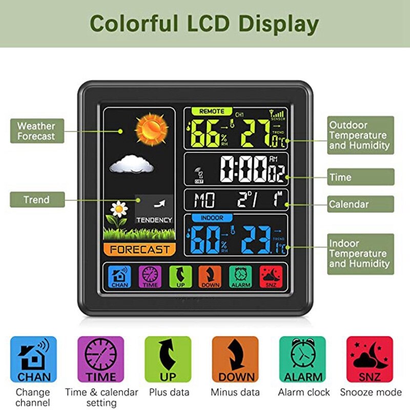 Trådløs vejrstation, indendørs udendørs termometerhygrometer med sensor, digital temperaturfugtighedsmonitor