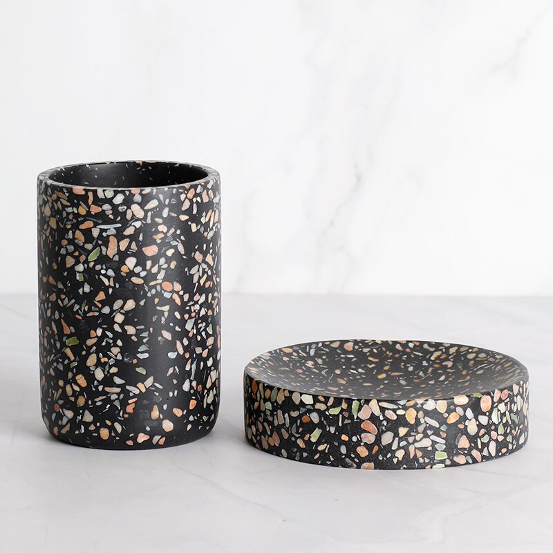 Badeværelsestilbehør sæt sort terrazzo harpiks tandbørsteholder sæbedispenser pumpe flaske tandpasta dispenser sæbeskål: 2 stykker b