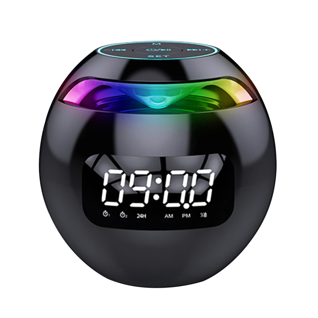 Digital Alarm Clock Bluetooth-compatible 5.0 Speaker Music Player Wireless Ball Shape Clock Speaker with FM function: black