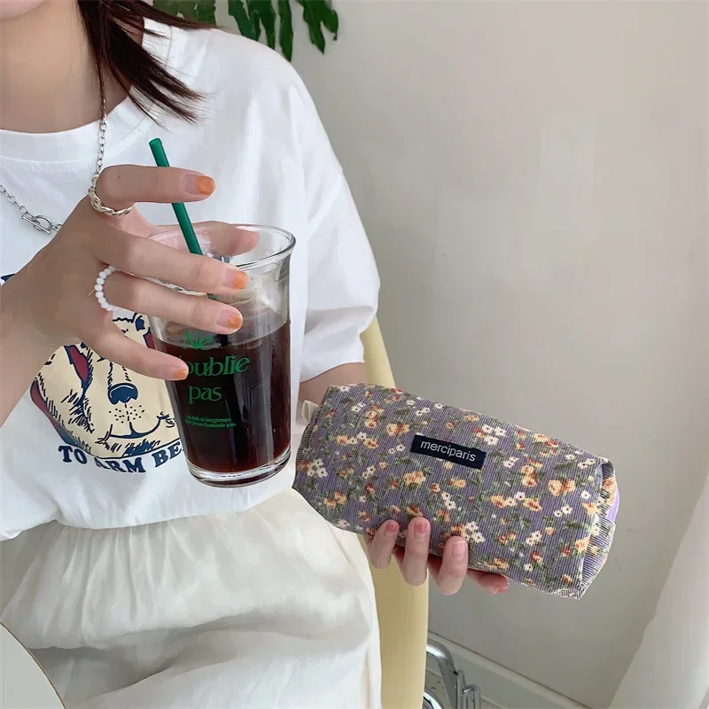 Women Corduroy Flower Cosmetic Bags Travel Brush Lipstick Storage Case Female Makeup School Stationery Pencil Cases: Dark Grey