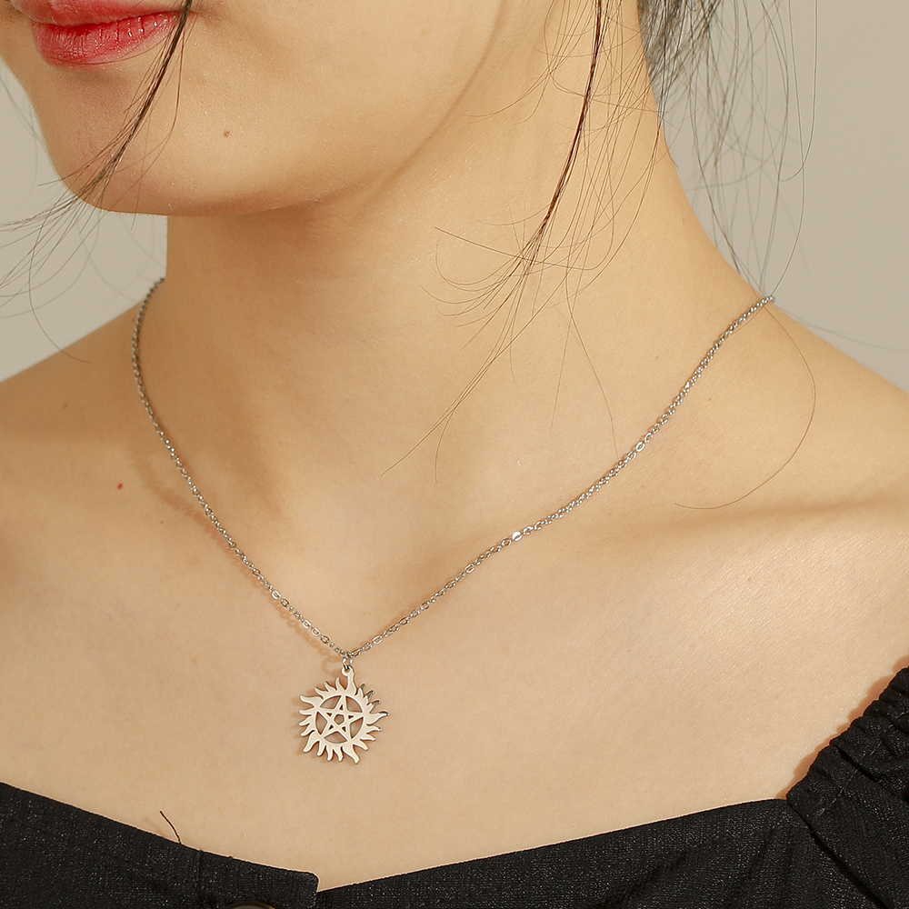 COOLTIME Supernatural Sun Pentagram Pendant Necklace for Women Men Stainless Steel Hollow Star Box Chain Necklaces Couple