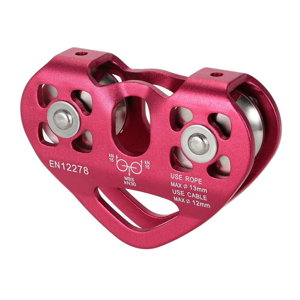 30kN Outdoor Rock Climbing Rescue Dual Pulley Zip Line Pulley Aluminum Magnesium Alloy Climbing Gear Hammock Hanging Device: YD28-30KN-red