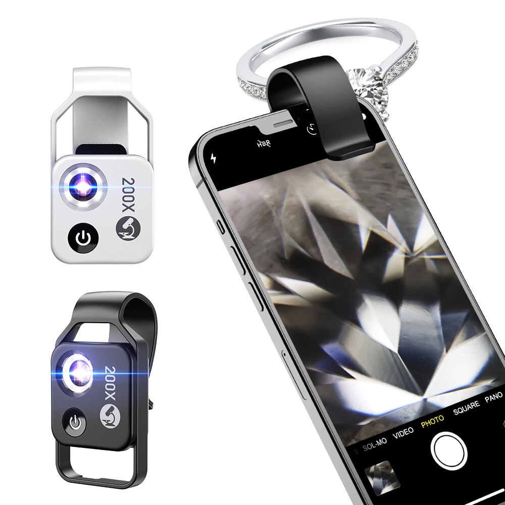 Lupa de microscopio Universal para teléfono móvil, instrumento LED CPL, lente Macro, Zoom óptico con Micro Clip de cámara, 200X