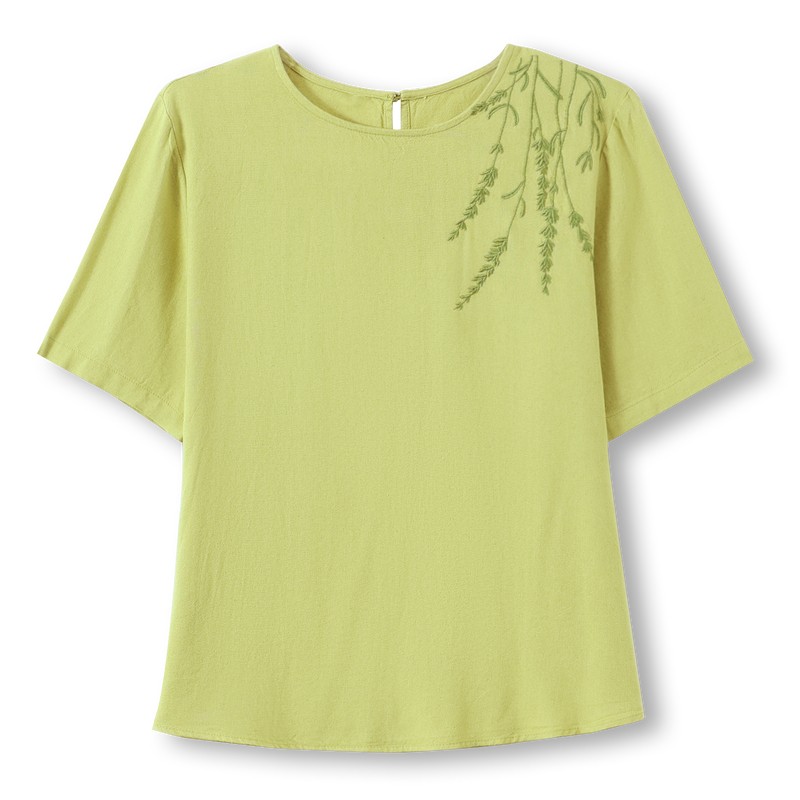 Women's Summer Style Retro Solid Color Round Neck Embroidered Cotton Hemp Button Short Sleeve Loose T-shirt Top