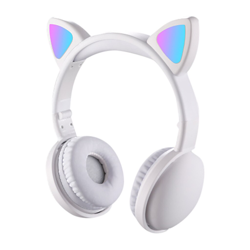 LED Cat Ear Noise Cancelling Headphones Bluetooth 5.0 LED Light Foldable Adjustable Headset 3.5mm Plug With Mic: White 