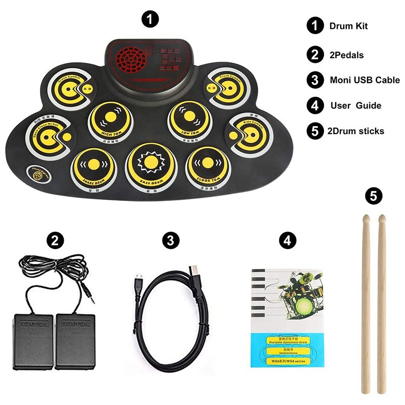 Elektronische Drum Set Draagbare Elektronische Roll Up Praktijk Pad Drum Kit Met Ingebouwde Luidsprekers Voet Pedalen Drumsticks